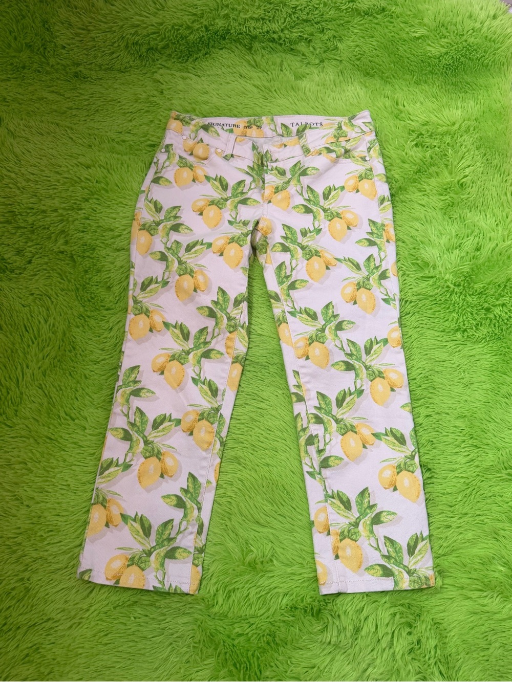 Talbots White Straight-Leg Cropped Jeans with Yellow Lemon Print